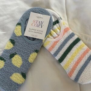 2 Pairs Slipper Socks with Grippers - Lemon and Stripes